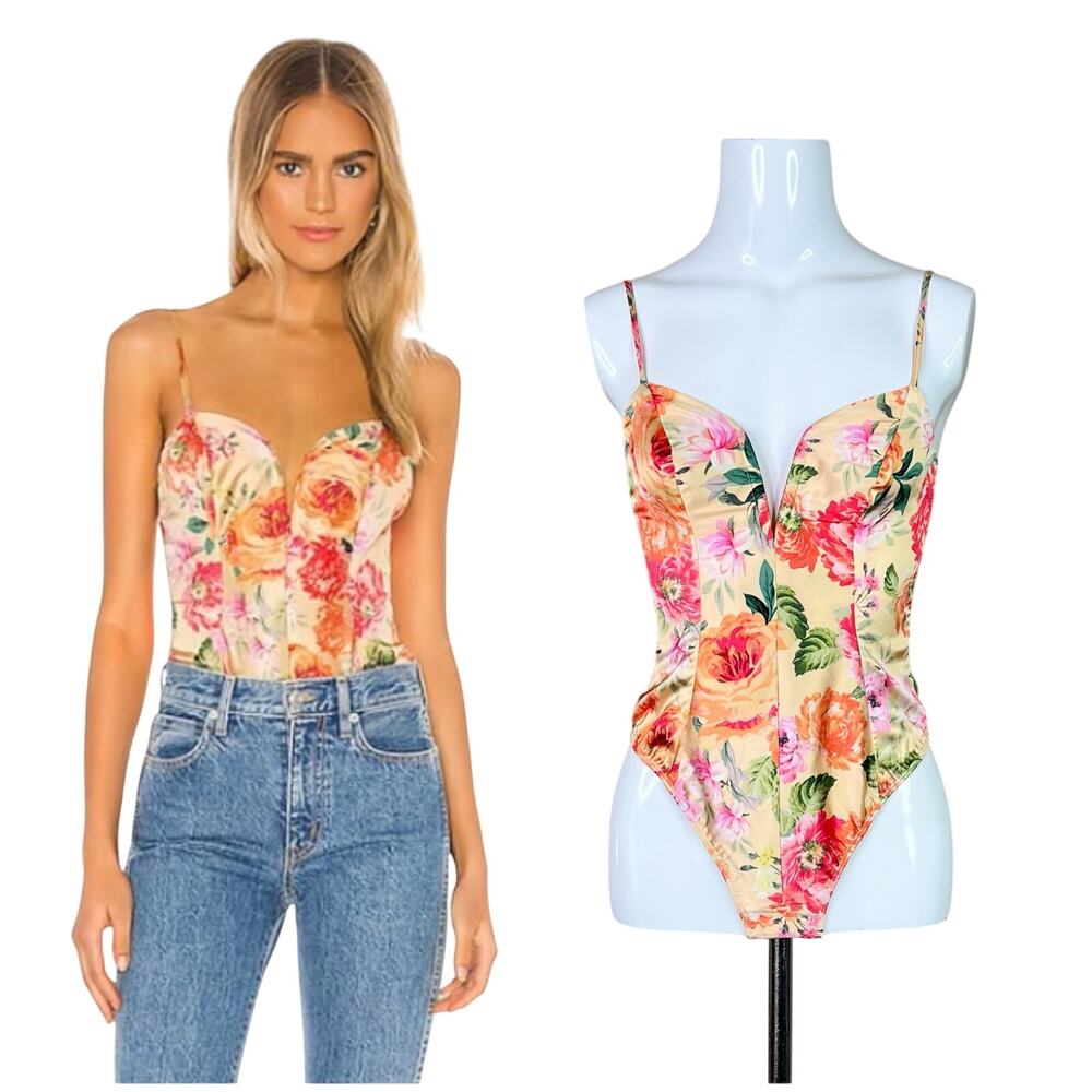 For Love & Lemons | Versilla Floral Satin Plunge Corset Revolve Bodysuit Size XS